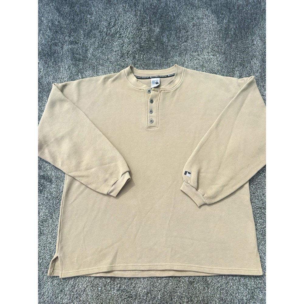 Vintage Russell Athletic Henley Shirt Mens XL Made USA Tan Waffle Knit 90s